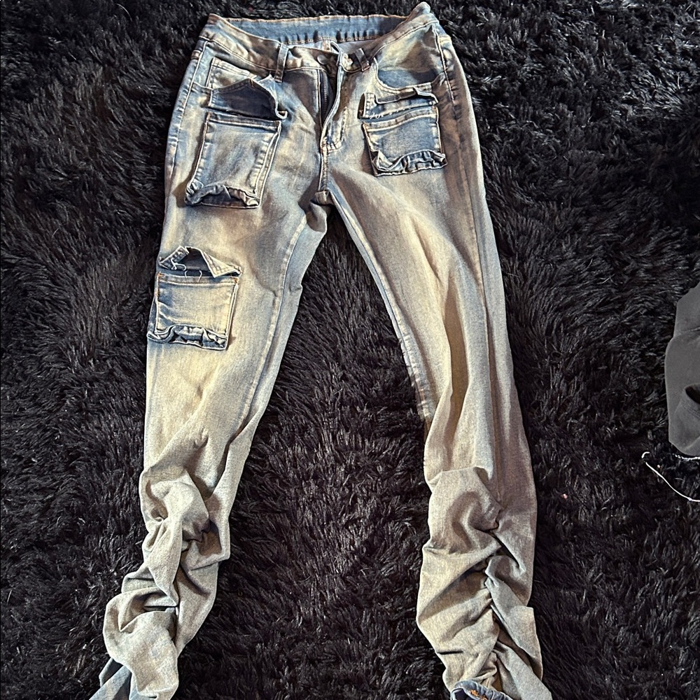 Stylish WOMENS stacked Jeans in Distressed Blue